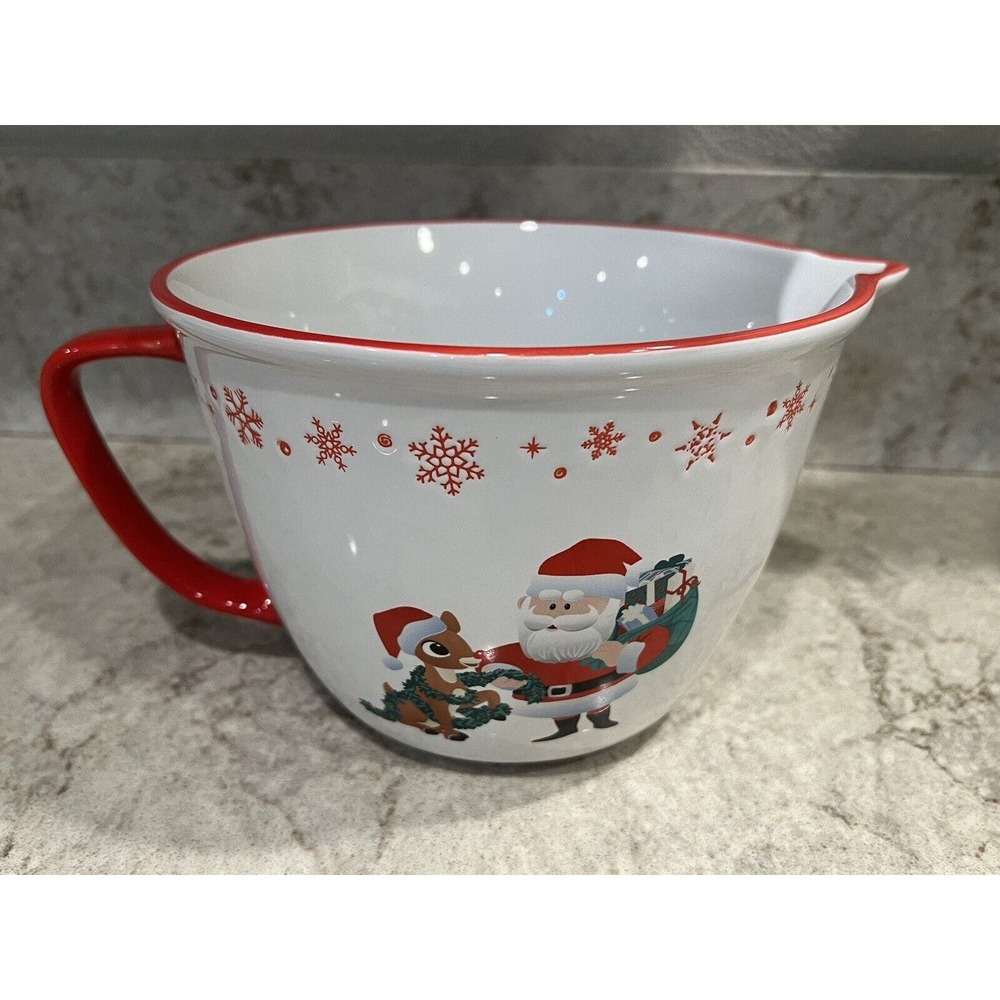 Rudolph Christmas Bowl Red Nosed Reindeer Santa Spout Handle Tree Baking Mixing